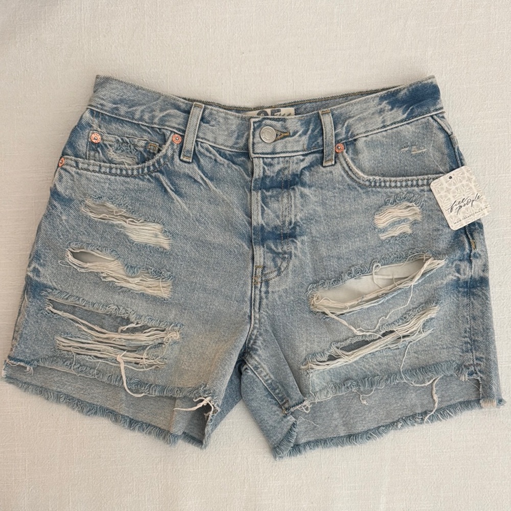 Free People Blue Jean Shorts with Distressed Frayed Hem